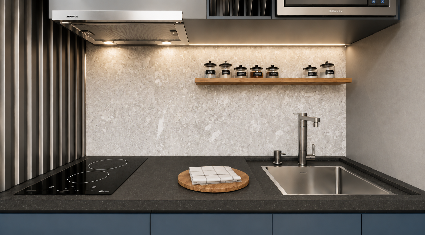 Render fotorrealista de bancada de cozinha, gerado com IA