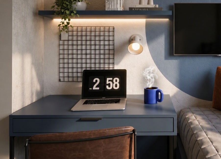 Render fotorrealista de detalhe de escrivaninha, gerado com IA